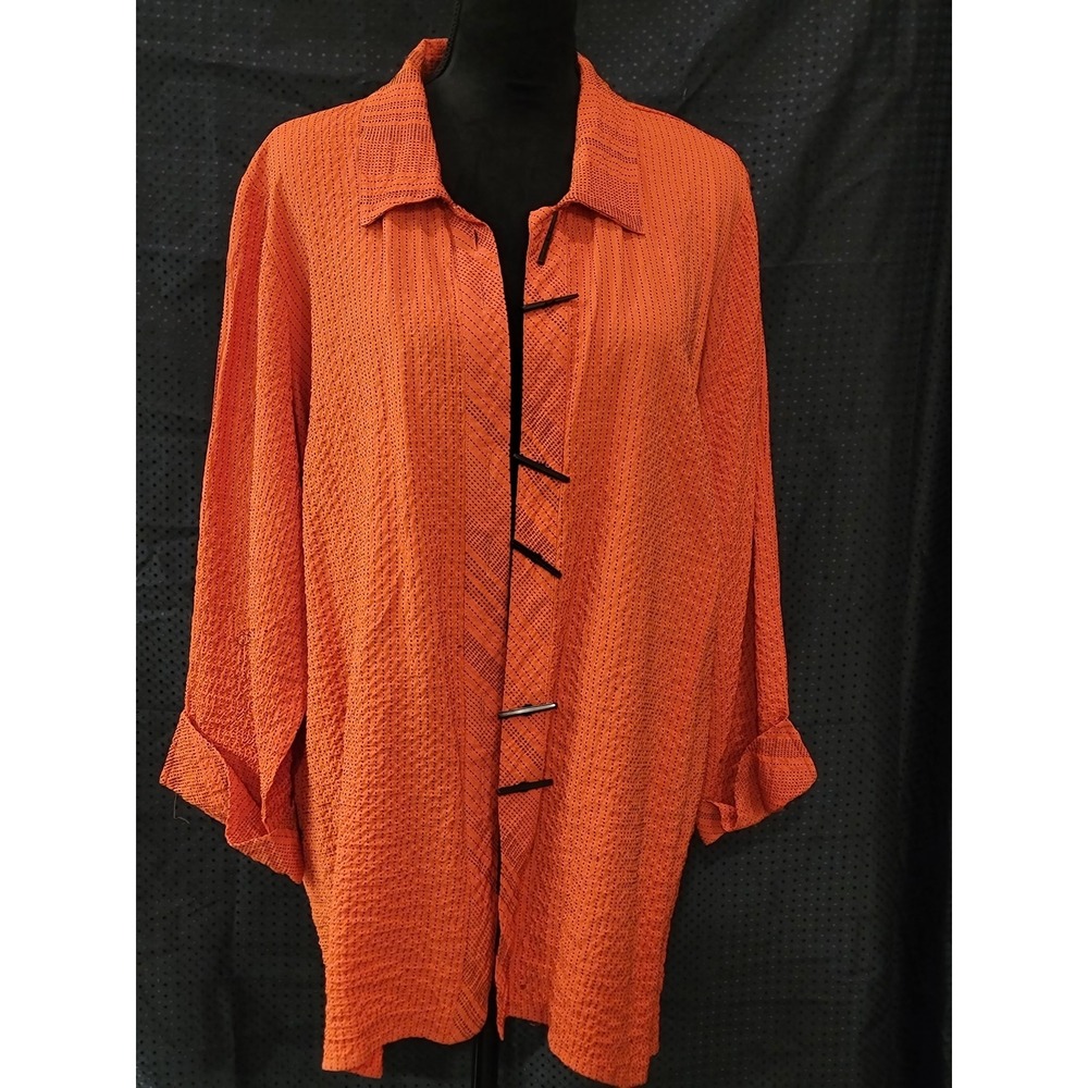 Ali Miles Womens 1X Orange Textured Toggle Button Blouse 3/4 Sleeve Top